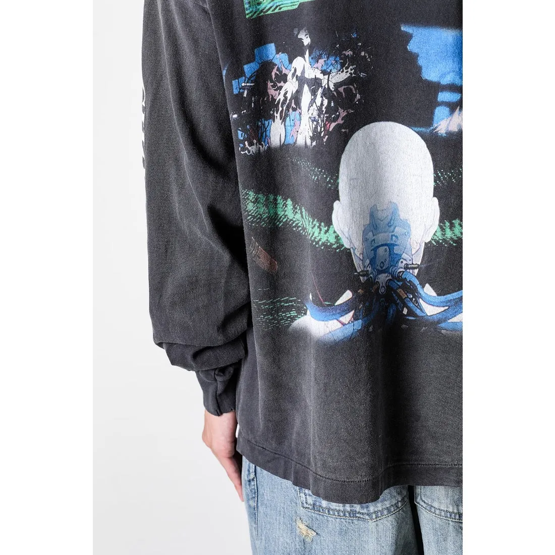 SAINT Mxxxxxx × GHOST IN THE SHELL Ghost in the Shell GS_LS TEE/GITS/BLK Big IP Ghost in the Shell co-branded model Sleeping Motoko Kusanagi Retro distressed long sleeves with holes Washed black S-XL